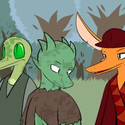  1:1 2014 anthro clothed clothing digital_media_(artwork) fen_(lagotrope) fur furred_kobold furred_scalie grass green_body green_skin group hat headgear headwear horn kobold lagotrope lizard long_ears male outline outside plant pupils reptile robe scalie shirt shup slit_pupils story story_at_source story_in_description tgchan topwear torn_clothing tree trio 