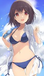  bikini blue_sky bottle breasts brown_hair cleavage cloud collarbone commentary_request cowboy_shot day dress_shirt female halterneck highres looking_at_viewer medium_breasts mochigome_(ununquadium) open_clothes open_shirt original outdoors ramune red_eyes shirt short_hair side-tie_bikini_bottom sky smile solo splashing swimsuit thigh_gap water 