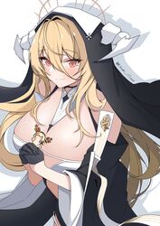  azur_lane bare_shoulders black_gloves blush breast_cutout breasts detached_sleeves female gloves habit half_gloves halterneck highres horns implacable_(azur_lane) large_breasts long_bangs looking_at_viewer m1kku_76 nun solo white_horns 