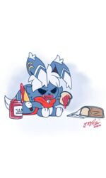  blue_body blue_eyes blue_fur bread fluffy food fur generation_6_pokemon gingy_k_fox hi_res jelly_(food) knife looking_at_viewer meowstic nintendo piercing pokemon pokemon_(species) scarf solo white_body white_fur 