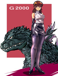  bare_shoulders black_legwear breasts brown_eyes brown_hair commentary_request covered_nipples dress female freckled_girl_(kamisimo_90) freckles full_body gloves godzilla godzilla_(series) kaijuu kamisimo_90 large_breasts legs long_hair looking_at_viewer monster original pantyhose smile standing 