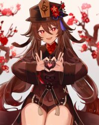  absurdres black_hat black_shorts blurry blush branch bright_pupils brown_coat brown_hair coat coattails commission cowboy_shot depth_of_field female flower flower-shaped_pupils genshin_impact hair_between_eyes hat hat_flower hat_tassel heart heart_hands highres hu_tao_(genshin_impact) jewelry kuromu_shado long_hair long_sleeves looking_at_viewer multiple_rings open_mouth pixiv_commission plum_blossoms porkpie_hat red_eyes red_flower red_shirt ring shirt short_shorts shorts smile solo symbol-shaped_pupils tassel thumb_ring twintails very_long_hair white_background white_pupils 