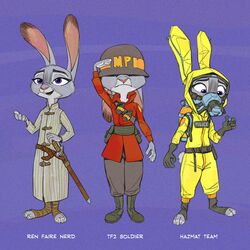  1:1 2020 anthro armor clothed clothing crossover disney english_text female fully_clothed fur gesture grey_body grey_fur hazmat_suit headgear headwear helmet hi_res holding_object judy_hopps lagomorph leporid mammal melee_weapon multiple_poses pose purple_background purple_eyes rabbit salute samur_shalem simple_background soldier_(team_fortress_2) solo standing sword team_fortress_2 text text_on_clothing text_on_headwear text_on_helmet valve weapon zootopia 