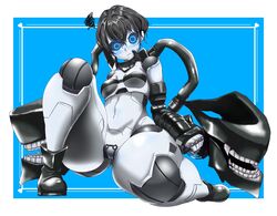  @_@ abyssal_ship android belly black_hair black_sclera blush cable colored_sclera colored_skin crotch_plate embarrassed female highres joints kantai_collection mechanical_parts mechanization natsuberry ri-class_heavy_cruiser robot_joints seams short_hair teeth white_skin 