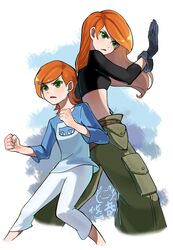  2girls belt ben_10 black_gloves cargo_pants clenched_hands crop_top crossover fighting_stance gloves green_eyes gwen_tennyson hand_up highres kim_possible kim_possible_(series) long_hair long_sleeves midriff multiple_girls no_feet orange_hair pants parted_lips shirt trait_connection youzaiyouzai112 