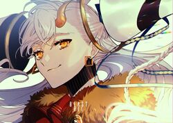  albino_(a1b1n0623) bad_id bad_twitter_id blonde_hair braid earrings fate/grand_order fate_(series) female floating floating_object fur_collar hair_ornament hair_ribbon highres horns jewelry long_braid long_hair looking_at_viewer olga_marie_animusphere portrait ribbon single_horn smile spoilers u-olga_marie white_hair yellow_eyes 