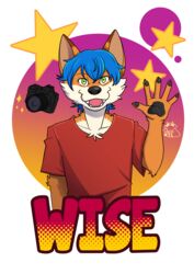  absurd_res anthro blue_hair camera canid canine clothing culpeo_fox fox green_eyes hair hi_res male mammal pachi_mapache red_clothing shirt solo south_american_fox t-shirt topwear wise_(wiseesp) 