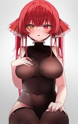  absurdres bare_shoulders black_leotard black_thighhighs blush breasts covered_navel female hair_ribbon hand_on_own_chest heterochromia highres hololive houshou_marine houshou_marine_(1st_costume) large_breasts leotard long_hair looking_at_viewer no_eyepatch open_mouth red_eyes red_hair red_ribbon ribbon solo sweat thighhighs twintails virtual_youtuber yellow_eyes yuzuyukiha 