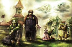  2boys bad_id bad_pixiv_id bowser castle cloud dinosaur everyone female kitakazuki luigi mario mario_(series) multiple_boys princess_peach princess_peach&#039;s_castle realistic yoshi 