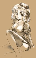  bigeroo_(shangmerry) commentary_request cross female garter_belt hair_ribbon hat monochrome priest priest_(ragnarok_online) ragnarok_online ribbon sepia short_hair sitting smile solo strap thighhighs 