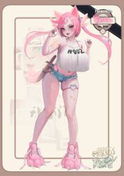  absurdres animal_ears bare_shoulders blue_eyes cat_ears cattiva choker crop_top denim denim_shorts female heart heart_choker highleg highleg_panties highres knife micro_shorts midriff milkissnowflake navel palworld panties pink_hair pink_panties shorts underwear waifudeck 