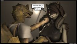  2024 3d_(artwork) 5_fingers adopted_(lore) alma_(petruz) amelia_(petruz) anthro arm_tuft black_nose breasts canid canine canis clothed clothing dialogue digital_media_(artwork) duo english_text fangs female fingers fur green_body green_scales grey_body grey_fur grey_hair hair hair_over_eye hand_holding hand_on_cheek hi_res horned_viper humanoid_hands jackal mammal one_eye_obstructed open_mouth open_smile petruz_(copyright) reindeerviking reptile scales scalie shoulder_tuft smile snake source_filmmaker_(artwork) speech_bubble teeth text tuft viper 