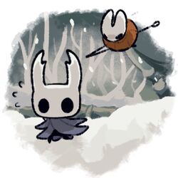  1:1 alicezakat angry anthro arthropod ashes big_head bodily_fluids bottomwear cloak clothing duo empty_eyes female fight fleeing forest hollow_knight horn hornet_(hollow_knight) humor insects jumping male nail_(weapon) plant running skirt snow sweat team_cherry the_knight_(hollow_knight) tree vessel worried 