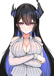  arms_under_breasts asymmetrical_horns black_hair blue_hair blush breasts cleavage colored_inner_hair demon_horns female highres hololive hololive_english horns large_breasts long_hair looking_at_viewer mole mole_under_eye multicolored_hair nerissa_ravencroft nerissa_ravencroft_(1st_costume) panpanmc4 red_eyes shirt smile solo straight-on very_long_hair virtual_youtuber white_background white_shirt 