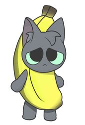  :&lt; banana banana_costume cel_shading clothed clothing costume domestic_cat featureless_feet featureless_hands feet felid feline felis food food_costume fruit fruit_costume fur gooblie_2 green_sclera grey_body grey_fur hi_res inner_ear_fluff isaac_(gooblie_ii) male mammal monotone_body monotone_fur plant sad shaded silly simple_background solo standing tuft white_background 