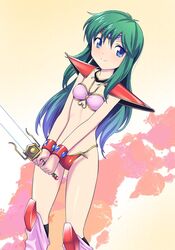  armor ayanokouji_rem bikini bikini_armor blue_eyes bracer breasts dream_hunter_rem female gem green_hair highres himehachi_(hime8manga) kneehighs long_hair pauldrons pink_bikini pink_socks red_bikini shoulder_armor small_breasts smile socks solo standing swimsuit sword thighs tiara weapon 