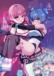  4girls absurdres arias_the_labrynth_butler blue_eyes blue_hair breasts butler c_civciv carrying chest_belt cleavage cropped_vest demon_girl demon_horns double_bun duel_monster evil_twin_ki-sikil evil_twin_lil-la female_butler gloves grey_eyes grey_hair hair_bun highres horns jacket ki-sikil_(yu-gi-oh!) large_breasts lil-la_(yu-gi-oh!) lipstick_mark lipstick_mark_on_breast long_hair looking_at_viewer lovely_labrynth_of_the_silver_castle monocle multiple_girls official_alternate_costume open_mouth pink_hair pointy_ears princess_carry purple_eyes short_hair smile twintails vest white_hair white_horns yu-gi-oh! yuri 