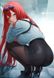  abpart absurdres ass azur_lane black_footwear black_pantyhose black_skirt blush breasts cheek_rest chest_harness closed_mouth elbow_on_knee elbow_rest english_commentary eyewear_on_head female from_behind full_body hand_on_own_cheek hand_on_own_face harness head_on_hand head_rest high_heels highres large_breasts legs long_hair long_sleeves looking_at_viewer looking_back monarch_(azur_lane) monarch_(detective_arriving_on_the_scene)_(azur_lane) official_alternate_costume pantyhose pencil_skirt purple_eyes red_hair shiny_footwear shirt_tucked_in skirt smile solo squatting sunglasses thighs twitter_username very_long_hair 