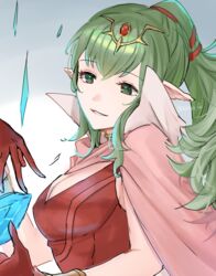  absurdres bracelet breasts cape cleavage commentary_request dragonstone dress female fire_emblem fire_emblem_awakening floating floating_object gloves green_eyes green_hair grey_background grin hair_ornament head_tilt high_collar highres jewelry long_hair pink_cape pointy_ears ponytail red_dress red_gloves sakura_no_yoru sidelocks simple_background sleeveless sleeveless_dress smile solo tiki_(adult)_(fire_emblem) tiki_(fire_emblem) twitter_username 