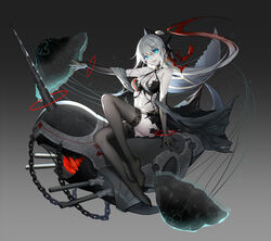  bison_cangshu black_gloves black_ribbon black_surge_night black_thighhighs blue_eyes breasts chest_tattoo commentary_request crop_top elbow_gloves female floating_hair garter_straps gloves gradient_hair grey_hair hair_between_eyes hair_ribbon highres jellyfish large_breasts long_hair multicolored_hair narwhal no_shoes ponytail ribbon sitting solo tattoo thighhighs very_long_hair 