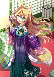  :d ahoge animal_ear_fluff animal_ears ball blonde_hair blue_eyes blue_hakama commentary_request day female floral_print fox_ears fox_girl fox_tail green_hakama green_kimono green_umbrella hair_between_eyes hakama hakama_skirt hands_up highres holding holding_ball indoors japanese_clothes kimono long_hair long_sleeves oerba_yun_fang oil-paper_umbrella open_clothes open_mouth original print_hakama print_kimono purple_hakama skirt smile solo standing sunlight tail temari_ball tsuyukina_fuzuki umbrella very_long_hair wide_sleeves 