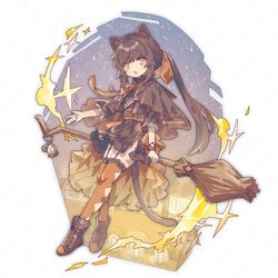  animal_ears bell belt boots broom brown_belt brown_capelet brown_footwear brown_hair capelet cat_ears cat_girl cat_tail chest_belt commentary english_commentary female flat_chest frilled_skirt frilled_thighhighs frills full_body garter_straps hair_ribbon leaning_on_broom long_hair looking_at_viewer magic neck_ribbon neoki_ohae night open_mouth orange_capelet orange_ribbon orange_skirt orange_thighhighs original outdoors plantar_flexion ponytail ribbon rooftop showgirl_skirt side_slit sidelocks skirt sky solo sparkle star_(sky) starry_sky tail thighhighs twitter_username two-sided_capelet two-tone_capelet watermark wristband yellow_eyes 