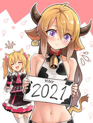  1boy 2021 :d ^_^ ahoge alternate_hair_length alternate_hairstyle animal_ears animal_print arknights bare_shoulders bell bison_(arknights) blonde_hair blush breasts brush cape chinese_zodiac clenched_hand closed_eyes collar collarbone cosmetics cow_ears cow_horns cow_print cow_tail cowbell crossdressing dress ear_tag facing_viewer female flying_sweatdrops frilled_dress frilled_skirt frills gloves hair_between_eyes hair_ribbon heart hm_(hmongt) holding holding_sign horns long_hair long_sleeves looking_at_viewer makeup_brush mars_symbol navel neck_bell open_mouth otoko_no_ko pink_ribbon purple_eyes ribbon sign skirt sleeveless small_breasts smile sora_(arknights) stomach tail teeth thighhighs twintails venus_symbol wavy_mouth white_thighhighs wolf_ears year_of_the_ox 