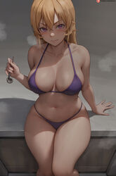  alternate_costume bikini blonde_hair breasts closed_mouth collarbone commentary crossed_bangs female hair_between_eyes halterneck hand_up highres holding holding_ladle ladle large_breasts long_hair looking_at_viewer nakiri_erina navel patreon_username purple_bikini purple_eyes shexyo shokugeki_no_souma sitting solo swimsuit 