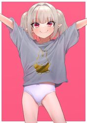  blunt_bangs blush colored_inner_hair commentary cowboy_shot fang_out female grey_hair grey_shirt highres long_hair looking_at_viewer makaino_ririmu miffy miffy_(character) multicolored_hair nijisanji no_pants oerba_yun_fang outstretched_arms panties pink_background pink_hair pointy_ears red_eyes sabamen shirt short_sleeves simple_background skin_fang smile solo spread_arms standing twintails two-tone_hair underwear virtual_youtuber white_panties 