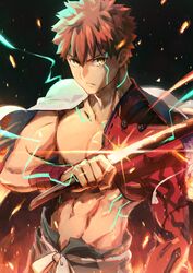  1boy absurdres electricity embers emiya_shirou fate/grand_order fate_(series) glint highres holding holding_sword holding_weapon igote katana looking_at_viewer magic_circuit male_focus okonon_(kado_colda) orange_hair senji_muramasa_(fate) solo sword toned toned_male topless_male upper_body weapon wristband yellow_eyes 