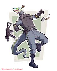  2022 anthro beverage boots clothed clothing colored container cup darbaras dart dropping footwear gloves gun handwear hi_res lizard male patreon patreon_logo ranged_weapon reptile scalie security security_guard shocked solo submachine_gun text tranquilizer url weapon 