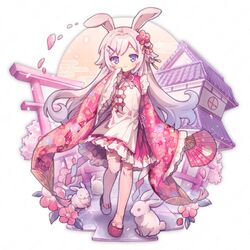  :3 animal animal_ears architecture chinese_knot chinese_zodiac circle closed_mouth commentary_request dress east_asian_architecture egasumi falling_petals female floral_print flower folding_fan frilled_dress frills full_body grey_hair hair_flaps hair_ornament hand_fan hand_up holding holding_fan kanzashi long_hair long_sleeves looking_at_viewer neck_ribbon neoki_ohae original outdoors over-kneehighs petals pink_dress pink_flower platform_footwear purple_eyes rabbit_ears ribbon seigaiha shide sleeves_past_fingers sleeves_past_wrists smile solo thighhighs tile_floor tiles torii twitter_username watermark white_rabbit_(animal) white_thighhighs wide_sleeves year_of_the_rabbit 