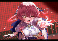  ;d absurdres black_ribbon blue_bow blue_bowtie blue_shorts blush bow bowtie breasts brooch female hair_ribbon heart heart-shaped_pupils highres hololive hololive_idol_uniform_(bright) houshou_marine idol jacket jewelry large_breasts layered_skirt leaning_forward long_hair looking_at_viewer official_alternate_costume one_eye_closed open_mouth overskirt puffy_short_sleeves puffy_sleeves reaching reaching_towards_viewer red_hair ribbon shirt short_sleeves shorts skirt smile solo stage sweat symbol-shaped_pupils thigh_strap twintails virtual_youtuber white_jacket white_shirt wrist_cuffs yellow_eyes yuzuyukiha 