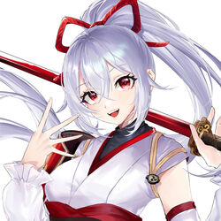  :d breasts fate/grand_order fate_(series) female holding holding_sword holding_weapon long_hair phanta ponytail red_eyes smile solo sword teeth tomoe_gozen_(fate) upper_teeth_only weapon white_background white_hair 