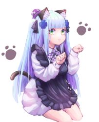  28_(282teeth) aged_down animal_ear_fluff animal_ears apron bad_id bad_pixiv_id black_apron blue_hair bow bowtie cat_ears cat_tail checkered_bow checkered_bowtie checkered_clothes commentary_request cropped_legs female girls&#039;_frontline green_eyes hair_ornament hat highres hk416_(black_kitty&#039;s_gift)_(girls&#039;_frontline) hk416_(girls&#039;_frontline) korean_commentary long_hair long_sleeves looking_at_viewer mini_hat official_alternate_costume paw_pose paw_print paw_print_background solo tail white_background 