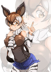  animal_ear_fluff animal_ears animal_print bare_shoulders blue_shorts bow bowtie breasts brown_hair brown_shirt closed_mouth covered_nipples cowboy_shot cutoffs detached_sleeves extra_ears female giraffe_print grey_hair hair_between_eyes hands_up highres impossible_clothes impossible_shirt index_finger_raised kemono_friends large_breasts leaning_forward looking_at_viewer medium_hair multicolored_hair okapi_(kemono_friends) okapi_ears okapi_tail pantyhose pantyhose_under_shorts print_sleeves shirt short_shorts shorts solo tail tunndererabu yellow_eyes 