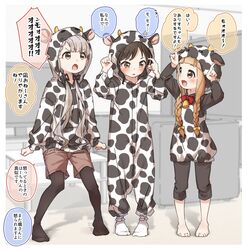  3girls :d :o absurdres animal_costume animal_ears animal_print arms_up barefoot bell black_hair black_legwear black_ribbon black_shorts blurry blurry_background blush bow braid braided_bangs brown_eyes brown_shorts commentary_request cow_costume cow_ears cow_horns cow_print depth_of_field fake_animal_ears fake_horns flat_screen_tv grey_hair hair_over_shoulder hair_ribbon highres hisakawa_nagi hood hood_up hoodie horns horns_pose ichihara_nina idolmaster idolmaster_cinderella_girls indoors long_hair long_sleeves low_twintails multiple_girls no_shoes open_mouth pantyhose pantyhose_under_shorts parted_lips print_hoodie red_bow ribbon short_shorts shorts smile socks standing tachibana_arisu television translated twin_braids twintails v-shaped_eyebrows very_long_hair white_hoodie white_socks yukie_(kusaka_shi) 