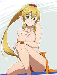  absurdres bandeau bikini blonde_hair braid breasts cleavage elf female flower green_eyes hair_between_eyes hair_flower hair_ornament highres knee_up large_breasts leafa long_hair looking_at_viewer orange_bikini pointy_ears ponytail puge simple_background smile solo swimsuit sword_art_online twin_braids very_long_hair 