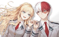  1boy blonde_hair blue_eyes boku_no_hero_academia burn_scar commission grey_eyes grey_jacket hand_up heterochromia highres holding_hands jacket long_hair lying male_focus multicolored_hair necktie oerba_yun_fang on_back original pinky_swear red_hair red_necktie scar scar_on_face school_uniform short_hair signature simple_background split-color_hair todoroki_shouto two-tone_hair u.a._school_uniform upper_body white_background white_hair ye_jji 