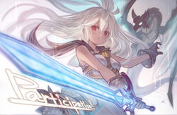  absurdres armor dark-skinned_female dark_skin dragon female gloves granblue_fantasy granblue_fantasy_versus hair_between_eyes highres holding holding_sword holding_weapon long_hair official_art red_eyes solo sword tan weapon white_hair zooey_(granblue_fantasy) 