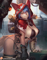  adeptus_mechanicus animal_ear_headwear animal_ears black_bra black_panties blue_hair bra breasts brown_eyes fake_animal_ears felinid female furry furry_female gloves highres holding holding_wrench large_breasts panties servo-skull sgt_lonely single_glove smile solo tail techpriest underwear warhammer_40k wrench 