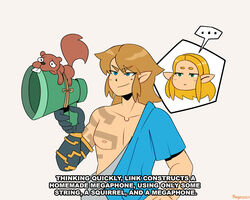  ... 1boy archaic_set_(zelda) blonde_hair blue_eyes brown_hair closed_mouth commentary dave_the_barbarian english_commentary english_text female fuse_(zelda) gameplay_mechanics green_eyes highres link megaphone parody pectorals pointy_ears princess_zelda simple_background spoken_ellipsis squirrel subtitled the_legend_of_zelda the_legend_of_zelda:_tears_of_the_kingdom thegreyzen white_background 