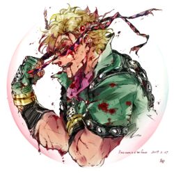  1boy battle_tendency bleeding blonde_hair blood blood_from_mouth blood_in_hair blood_on_clothes blood_on_face caesar_anthonio_zeppeli clenched_hands commentary_request cropped_torso cuts dated feather_hair_ornament feathers fingerless_gloves from_side gloves green_eyes green_gloves green_jacket hair_ornament hand_on_own_chest hand_up high_collar highres holding holding_headband injury italian_text jacket jojo_no_kimyou_na_bouken looking_ahead looking_away male_focus open_mouth pink_scarf profile scarf scratches serious short_hair short_sleeves signature solo torn_clothes translated unworn_headband upper_body zino 