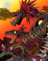  absurd_res bandai_namco bodily_fluids digimon digimon_(species) drooling elemental_creature european_mythology feral flora_fauna greek_mythology hi_res hydra hydramon manchi_kaaan monster mythology plant saliva sharp_teeth solo sunset teeth thorns venom vines 