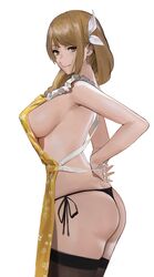  absurdres apron ass ass_focus backless_outfit black_panties braid breasts brown_hair earrings female fire_emblem fire_emblem_engage goldmary_(fire_emblem) hair_ribbon highres j@ck jewelry large_breasts long_hair looking_at_viewer nearly_naked_apron panties ribbon side-tie_panties sideboob smile solo standing thighhighs thighs thong tying_apron underwear upper_body white_ribbon 