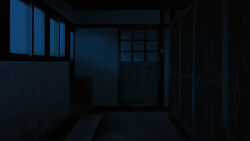  architecture bathroom blue_theme commentary_request door east_asian_architecture indoors kajiji monochrome night no_humans original scenery window wooden_ceiling 