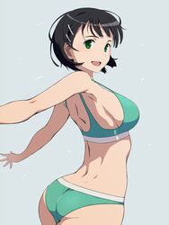  absurdres alternate_eye_color aqua_bikini ass bikini black_hair bob_cut breasts commentary_request cowboy_shot female foreshortening green_eyes green_sports_bra hair_ornament hairclip highres kirigaya_suguha large_breasts outstretched_arms puge short_hair sideboob solo sports_bikini sports_bra swimsuit sword_art_online 