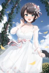  :d absurdres alternate_costume aqua_eyes bare_shoulders black_hair blue_sky blurry blurry_background blush breasts bride cleavage collarbone commentary day dress female highres hololive large_breasts long_sleeves looking_at_viewer off-shoulder_dress off_shoulder oozora_subaru open_mouth outdoors see-through see-through_cleavage shengtian short_hair skirt_hold sky smile solo swept_bangs virtual_youtuber wedding_dress 