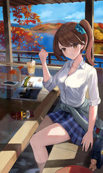  aqua_scrunchie ashiyu autumn_leaves bag bare_legs book bra bra_peek breasts brown_eyes brown_hair cellphone cleavage closed_mouth clothes_around_waist collarbone drink elbow_rest eyes_visible_through_hair female foot_bath glass_table gyaru hair_ornament hair_scrunchie highres kogal leaf long_hair looking_at_viewer maple_leaf may9 medium_breasts miniskirt no_neckwear original outdoors phone plaid plaid_skirt reflection school_bag school_uniform scrunchie shirt shirt_tucked_in side_ponytail signature sitting skirt sky sleeves_rolled_up smartphone smile solo stuffed_animal stuffed_toy sweater sweater_around_waist swept_bangs table teddy_bear underwear water white_shirt 