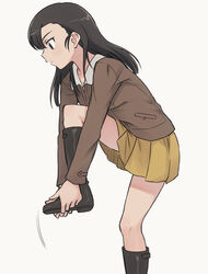  adjusting_footwear black_footwear black_hair boots chi-hatan_military_uniform commentary_request female from_side full_body girls_und_panzer jacket knee_boots legs long_hair meis_(terameisu) nishi_kinuyo pleated_skirt profile simple_background skirt solo standing thighs white_background 